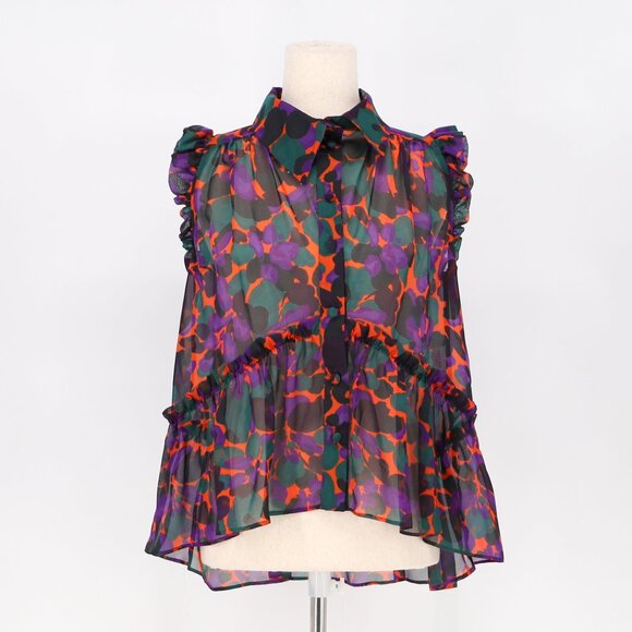 INCLAN STUDIO 100% Silk Ruffle Sleeve Sheer Purple Multi High-Low Blouse Size S - Picture 1 of 10